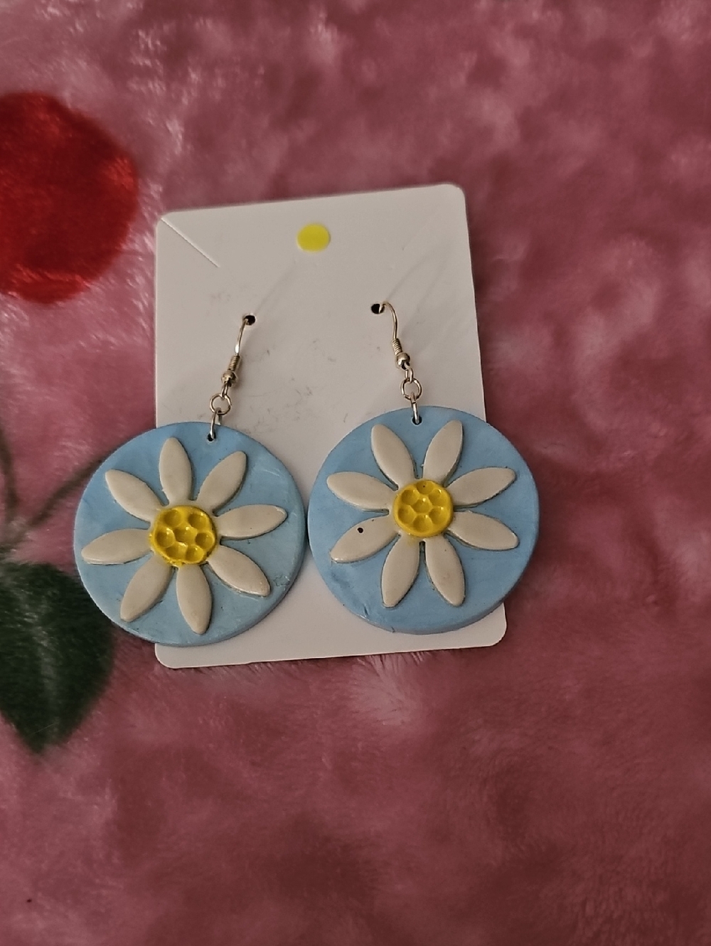 Handmade Blue Daisy Drop Earrings with Yellow Center